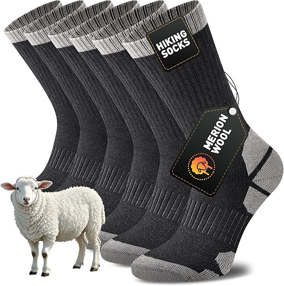 Niorasen Merino Wool Hiking Walking Socks for Men Women, Cushioned Anti Blister Performance Crew Socks for Sports Running, Cycling, Trekking, Work, Casual, Thicked Sock 3 Pairs