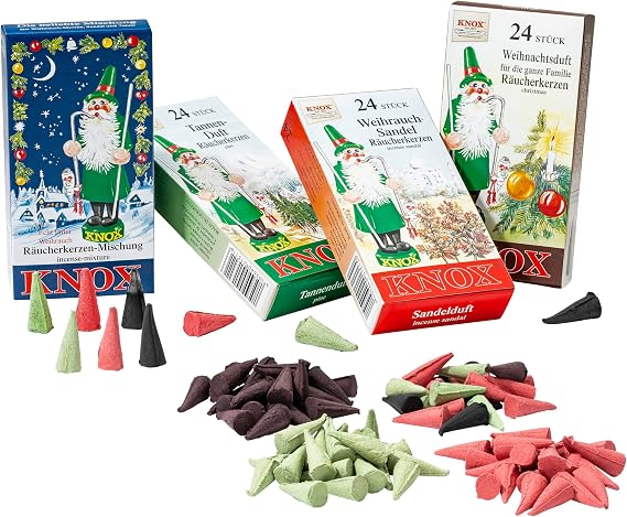 German Incense Cones Bundle Tradition - 4 mostloved Smells from Knox Raucherkerzen/Apotheker Hermann Zwetz. MaMeMi Gift-Set with DIY Mini Nativity Scene