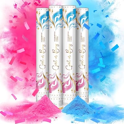 4 Gender Reveal Confetti Cannons - 4 Pink or 4 Blue Cannons Powder or Confetti or Mix Confetti & Powder, Fully Customizable for Your Gender Reveal Party
