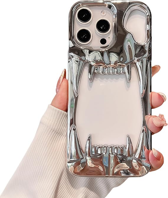 ゴシック 3D ホロー ホラー デビルパターン ケース iPhone 15 Pro Max用 ラグジュアリークロームカラーメッキ 放熱性サーマルデザイン 耐衝撃バンパー ハロウィン用 - シルバー