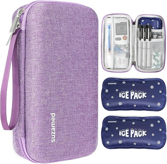 Insulin Cooler Travel Case, 2x150g Ice Pack TSA Approved, Purple | EVA Insulation Travel Medicine Kit for 1-5 Pens & Diabetic Supplies, Diabetes Care, Portable Handle for Daily Use & Trip