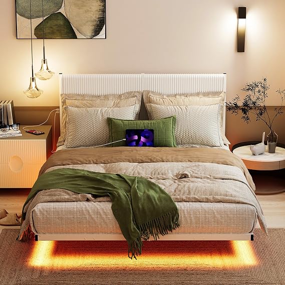 Double Bed Frame Floating Bed Frame with LED Lights,White