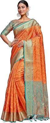 MIMOSA Womens Kanjivaram Art Silk Sari with Blouse: SA00001229PCFREE, Peach, Length-5.4mts0.80Mts Blouse=Total 6.2 Mts