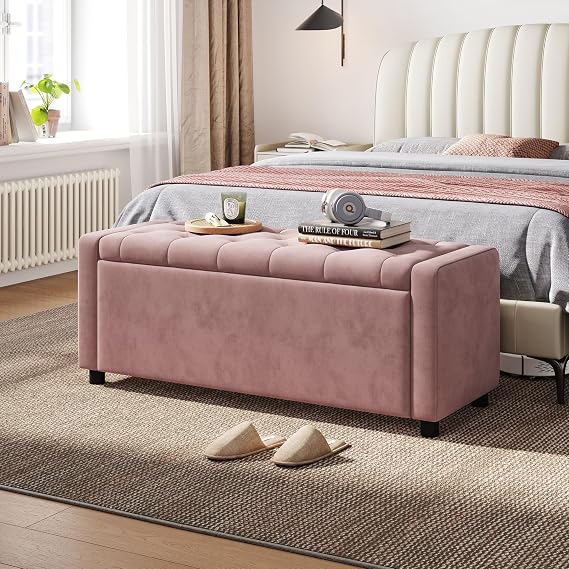 LINSY 49" Velvet Ottoman with Storage, Upholstered End of Bed Storage Bench, Large Ottoman Foot Rest for Living Room, Bedroom, Entryway, Hallway, Apartment, Pink