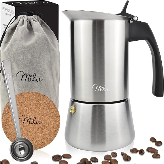 Milu Espresso Maker (2 Cup No Induction) | 2, 4, 6, 9 Cup | stainless steel Espresso Pot, Stovetop Moka Pot, Coffee Maker, Set including coaster, spoon, brush (2 cups 100ml)