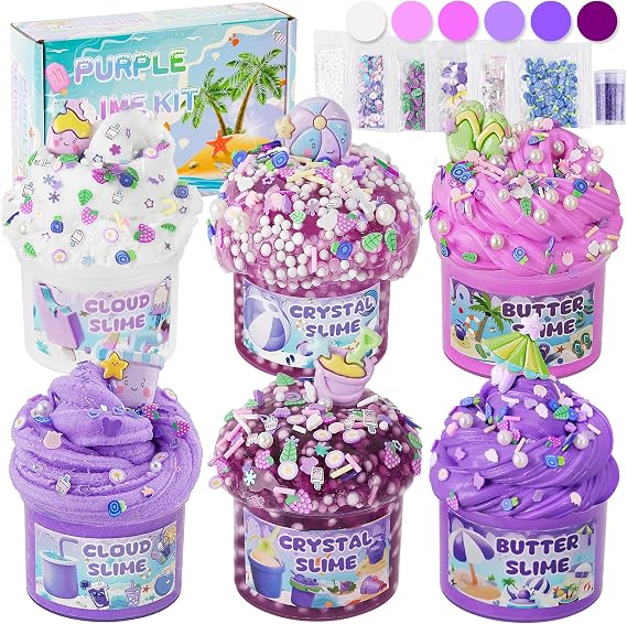 LAWOHO 6 Pack Purple Slime Kit for Kids, Beach Cloud Butter Clear Slime Set