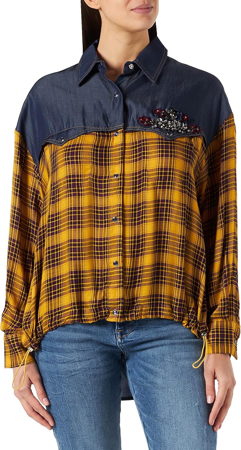 IPEKYOL Women's Adjustable Waist Denim Mix Plaid Pattern Shirt