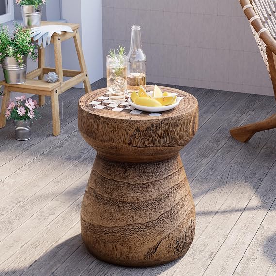 HOMPUS Outdoor Side Table with Round Checkerboard Wood Grain Tabletop