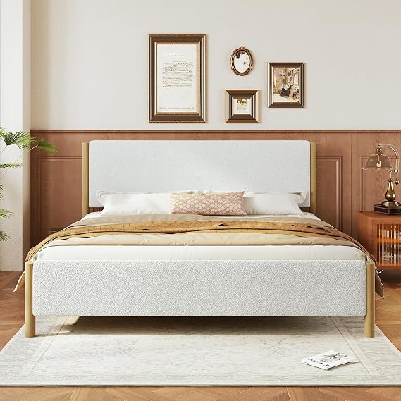 Christopher Knight Home Bettine King Size Bed, Boucle King Headboard Bed, Upholstered Headboard, Rubberwood Platform Frame, Slats Panel Support, No Spring Box Needed, Easy Assembly, 800lbs White