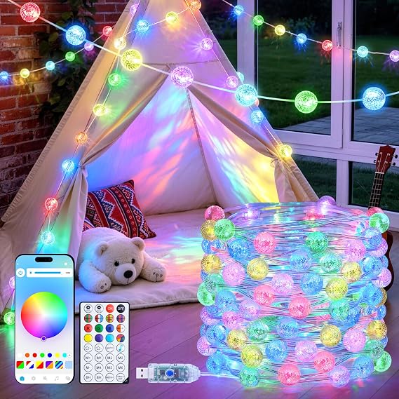 JMEXSUSS Smart 33FT 66 LED Globe Crystal Crackle String Lights USB/Plug in