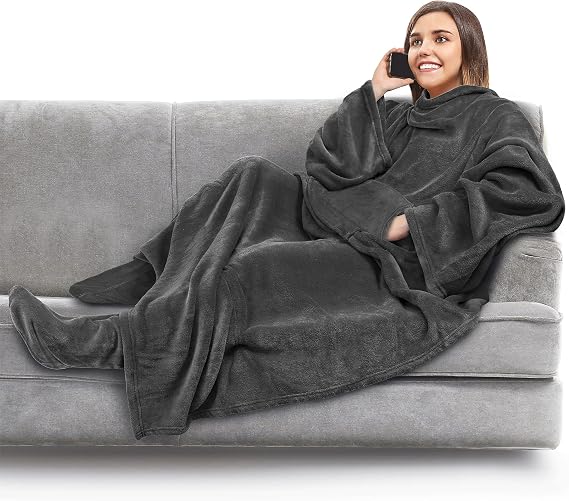 PAVILIA Fleece Blanket with Sleeves, Foot Pockets for Women Men, Dark Gray | 260 GSM, Plush Wearable Blanket Throw Wrap, Warm Cozy Soft Snuggle Robe, Winter Holiday Christmas Gift Ideas Wife Mom Adults