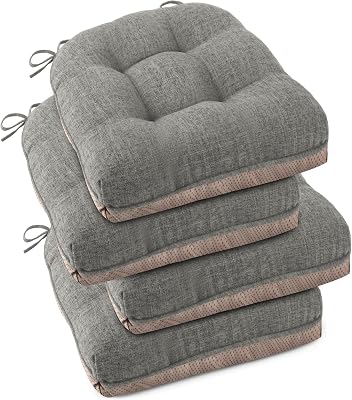 OVOV Indoor Chair Cushions for Dining Chairs Set of 4 18x18 Chair Cushion with Ties and Non-Slip Backing Tufted Thick Kitchen Chair Pads Made of Breathable Faux Linen Fabric Light Grey