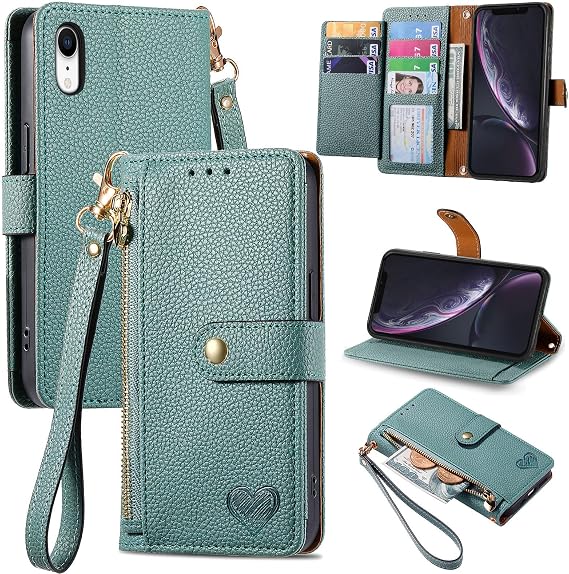 Zipper Wallet Case for Apple iPhone XR Phone Case with Purse Card Holders RFID Blocking Leather Flip Case Book Cover Wrist Strap Women - Green