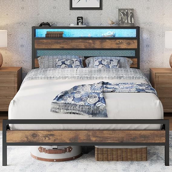 IRONCK 4ft Small Double Bed Frame with Storage Headboard and Charging Station/LED Lights, Metal Platform Bed Frame Small Double, Reinforced Strong