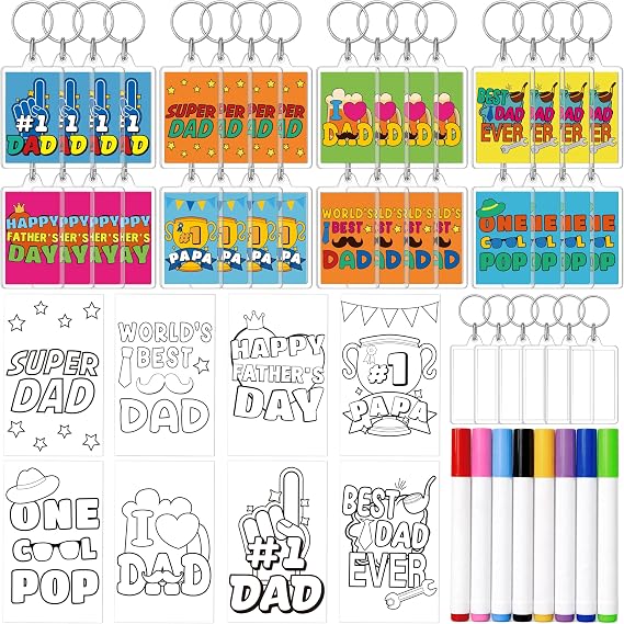 90shine 32PCS Fathers Day Acrylic Keychain Crafts: Make Your Own Father's Coloring Keychains Gifts Bulk for Dad from Daughter, Son, Wife Decorations with Markers