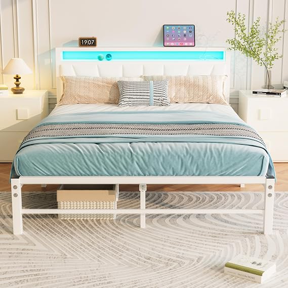 White Double Bed Frame with Storage and LED Lights,4ft6 Metal Platform Bed Frame Double Size Bed Base with Charging Station,Mattress Base,Strong Slats Support,Under-bed Storage,Noise Free