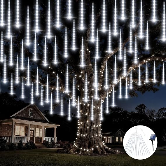 EXF Solar Meteor Shower Lights 16 Tubes Christmas Lights Outdoor Cool White | Total 384LED, Auto On/Off, IP65 Waterproof, Icicle String Lights, Falling Rain Drop Light, Xmas Tree Garden Roofline Decor