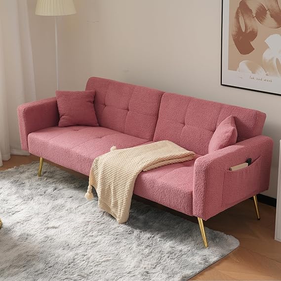 Modular Sectional Sofa Bed Convertible Sleeper with Adjustable Backrest, Storage Pockets, Gold Legs for Living Room Bedroom Apartment L Shaped Couch,Pink