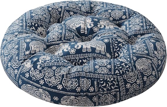 Codi Round Floor Pillows, Large Boho Meditation Cushions Seat for Adults | Shredded memory foam, Tufted boho for home decor, Ergonomic sitting support for yoga tatami, Spot clean, Indigo Elephant
