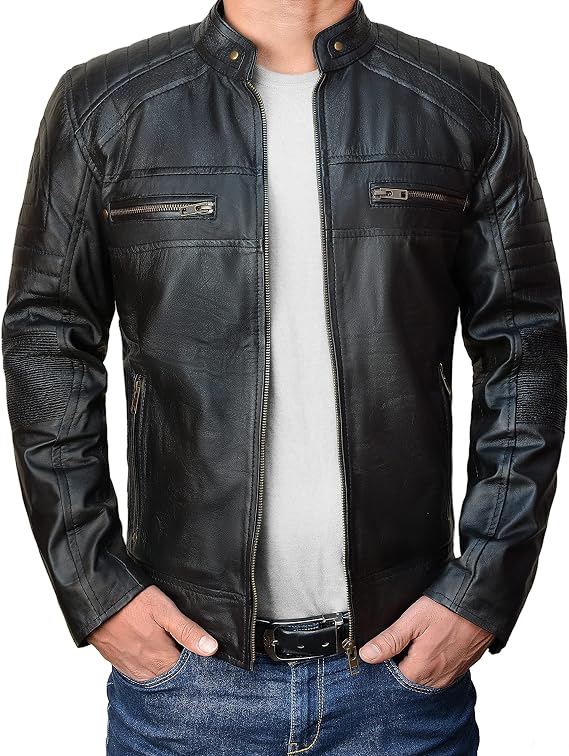 LP-FACON black leather jacket men - vintage racer jacket - slim fit leather jacket - mens leather jacket