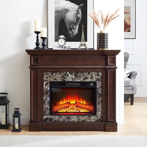 46" Electric Fireplace with Mantel, TV Stand w/Freestanding Electric Fireplace Heater, Fireplace Mantel Wooden Surround for Living Room (Cherry)