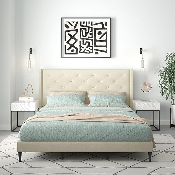 Glenwillow Home Huppe Upholstered Platform Bed Frame/Button Tufted MCM Wingback/Mattress Foundation/No Box Spring Needed/Easy Assembly, Beige, King
