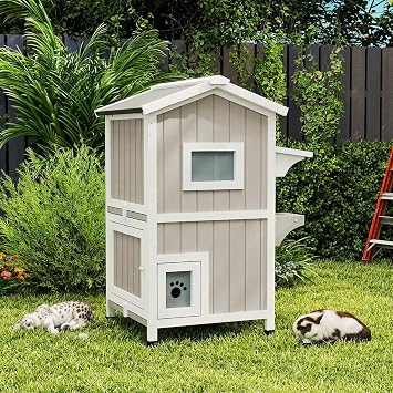 Insulated Outdoor Cat House with Insulated Liner 2 Story Weatherproof Elevated Outside Cat Shelter for Feral Multi Cat