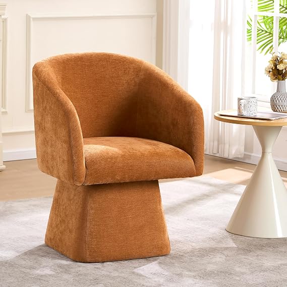 Swivel Modern Accent Chair,Luxury Fabric Upholstered Makeup Chair Comfy Barrel Chair with No Wheels,360Rotating Vanity Armchair for Living Room Bedroom Office (Orange)
