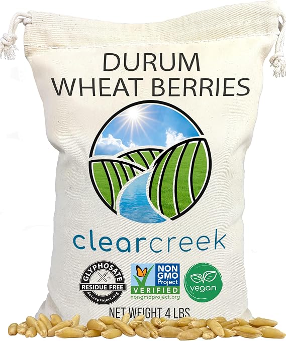 Clear Creek Certified Glyphosate Residue Free Durum Wheat Berries | 4 LBS | Whole Grains | Used to mill to Semolina Pasta Flour | North American Grown