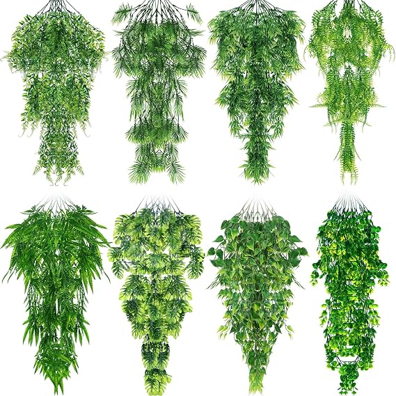 8 Pack Reptile Plants Terrarium Hanging Plant Vine Boston Climbing Terrarium Plant with Suction Cup for Bearded Dragons Lizard Crested Gecko Snake Crab Tank(Lush Series,Multiple Green)