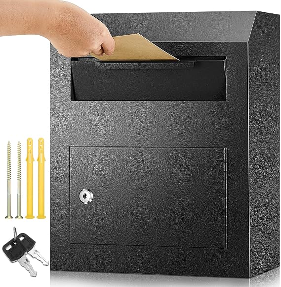 Yaocom Key Lock Mailboxes for Outside Locking Wall Mount Mailbox Security Key Drop Collection Boxes for Home Business Rent Payments, Mail, Keys, Cash, Checks 15 x 12 x 4 Inches(Black)