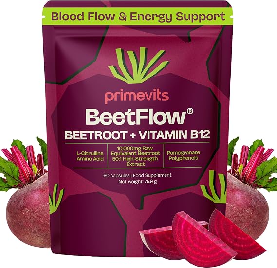 Beetroot Capsules with Vitamin B12 – 10,000mg Beetroot Extract 50:1 with L-Citrulline & Pomegranate Polyphenols | Nitric Oxide & Circulation Support | Energy & Endurance | 60 Vegan Capsules