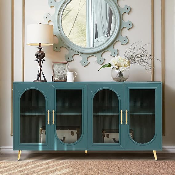 VilroCaz Wood TV Stand with Storage Cabinet & Adjustable Shelves, Media Console Table Storage Sideboard Cabinet with Glass Doors Gold-Plated Legs for Living Room Bedroom