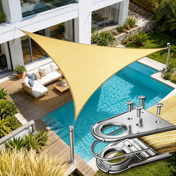 Amgo 12' x 12' x 12' Beige Triangle Super Ring Sun Shade Sail Order to Make UPF50+ AGSRT Canopy Awning Shades for Patio, 98% UV Blockage, Commercial Standard Heavy Duty - 260 GSM (We Customize)
