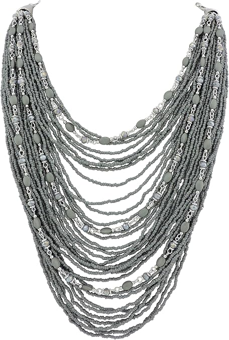 Bocar Multi-layer Long Chain Chunky Bib Seed Beads Statement Necklace (NK-10410-grey)