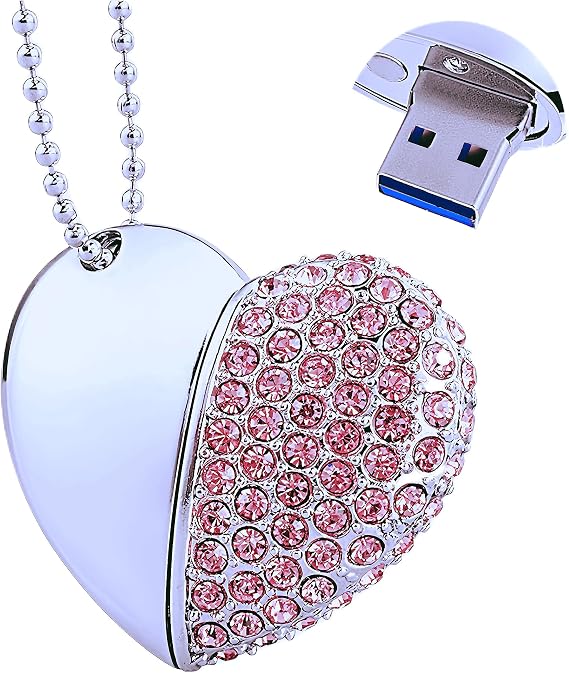 64GB USB 3.0 Flash Drive Diamond Heart with Necklace Memory Stick High Speed Data Storage Pink