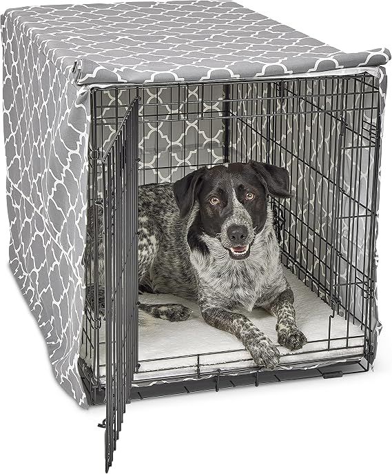 MidWest Homes for Pets Intermediate Dog Crate Cover Featuring Teflon Fabric Protector, Poly-Cotton Privacy Kennel Cover Fits Most 36-Inch Crates, Gray Designer Print, Machine Washable, Reduces Barking