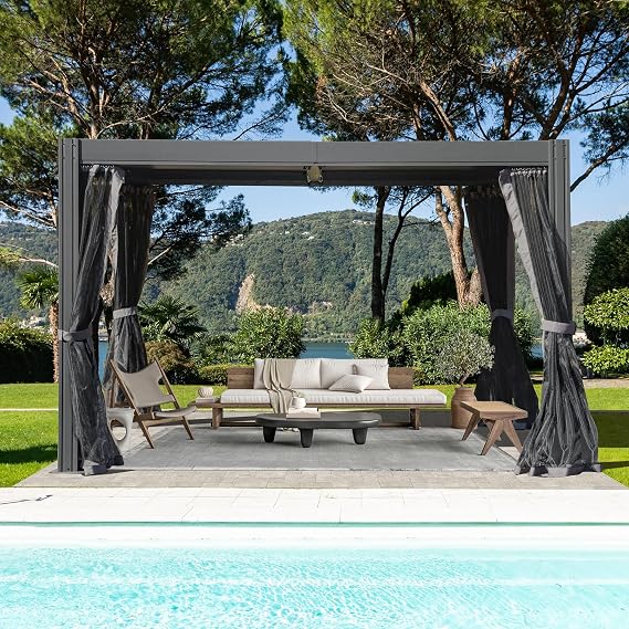 Domi Outdoor Pergola 10' x 13' Aluminum Louvered Pergola with Adjustable Roof and Mosquito Netting for Patio, Backyard, Deck, Garden, Lawns (Gray)
