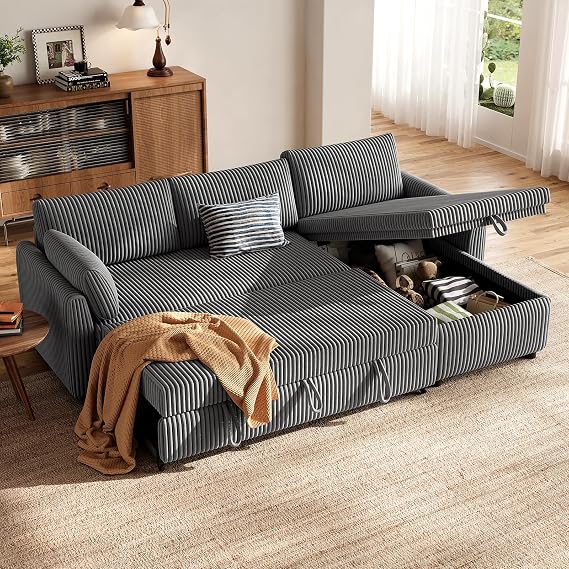HOMRELEXA Corner Sofa Bed, Corduroy L Shaped Sofa, Grey