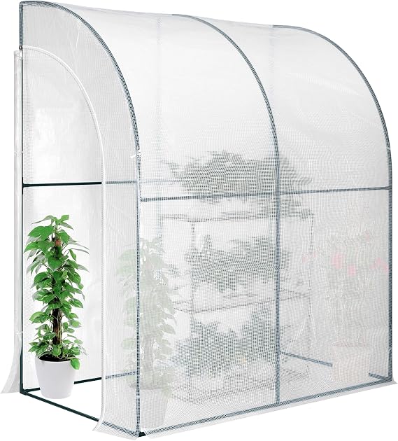 VIVOSUN Mini Lean-to Greenhouse, 6.6 x 3.3 x 6.9 Portable Wall House with White PE Cover and Shelf for Compact Garden 79x39x83-Inch