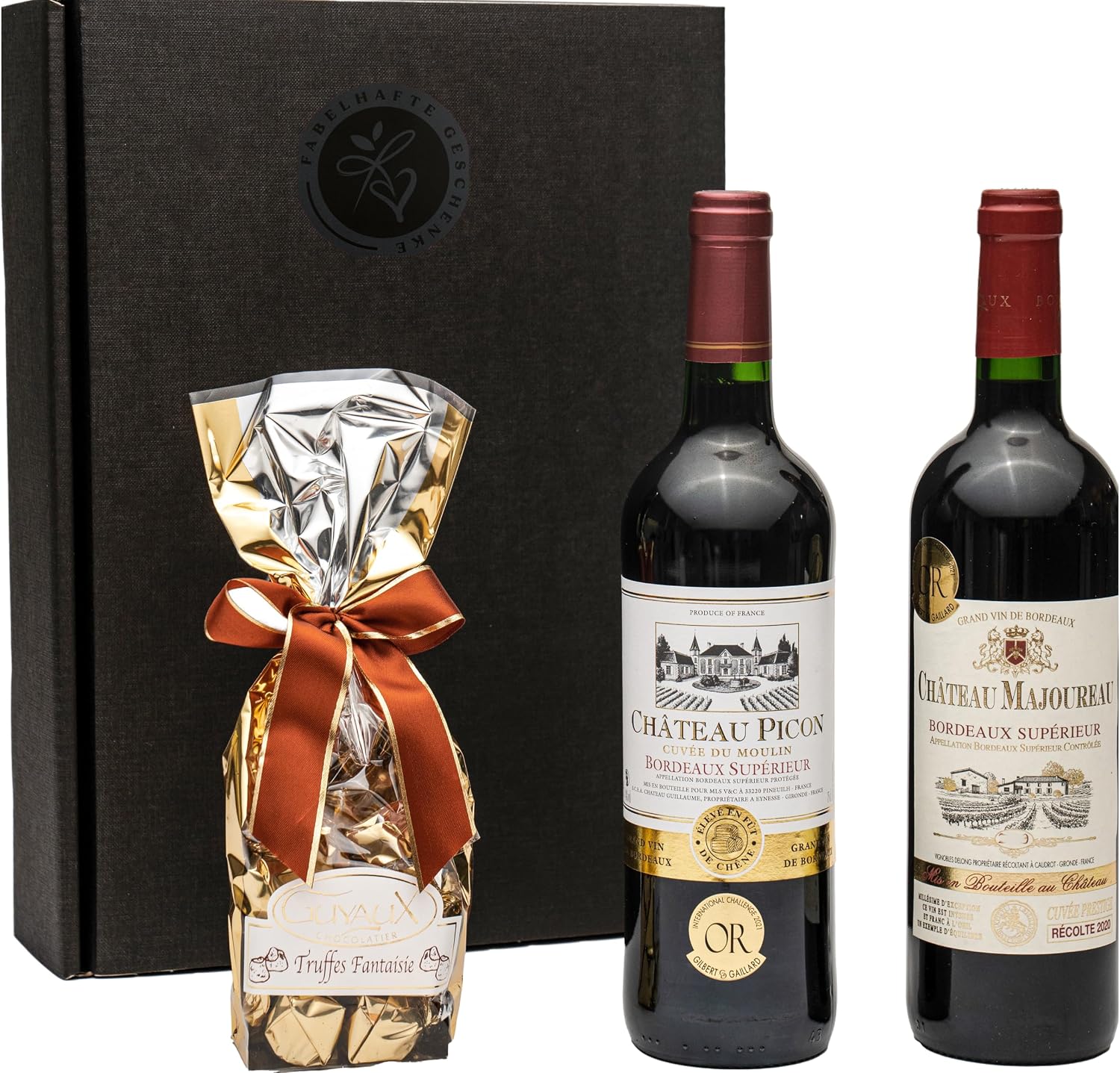 Bordeaux Gift Set 2 High Quality French Red Wines from Bordeaux with Gold Medal Award Dry 1 x Finest French Chocolate Truffle