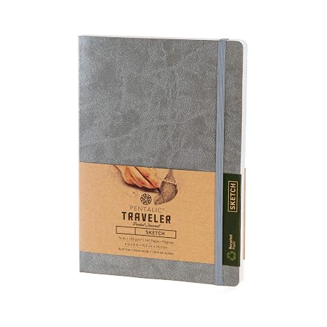 Pentalic 6" x 8" Pocket Sketchbook Traveler Journal, 160 Pages, Metallic Silver
