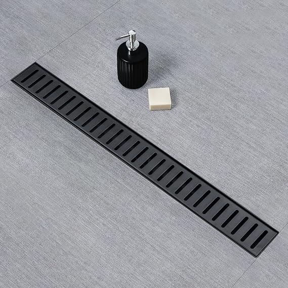 SaniteModar Linear Shower Drain 24 inch Matte Black - Capsule Pattern Grate | AISI 304 Stainless Steel Matte Black Linear Dain Rectangle Shower Floor Drain with Hair Strainer and Leveling Feet