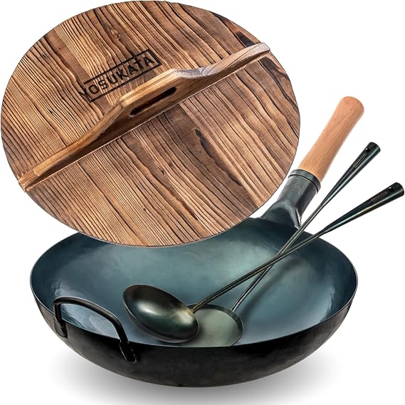YOSUKATA Blue Round Bottom Wok Pan 14" +Pre-Seasoned Wok Utensils Set - Blue Carbon Steel 17-inch Spatula Ladle, 3 pairs of Chopsticks