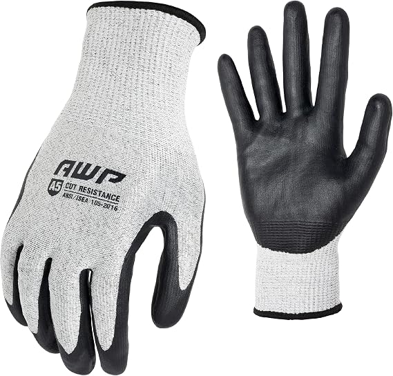 AWP Work Gloves, Large, 1 Pair, A5 Cut Resistant Coated, White and Black