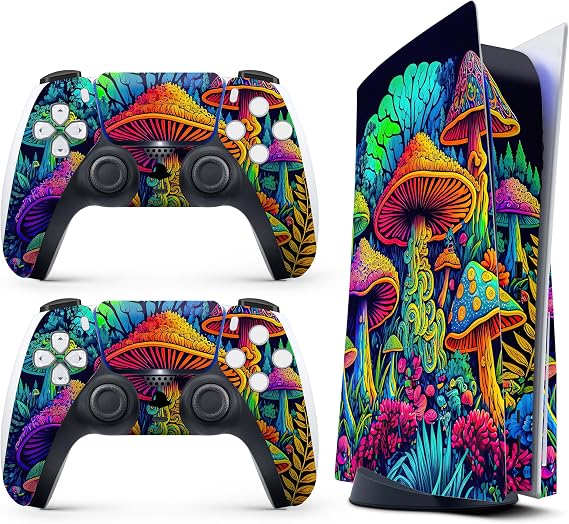 Skin Sticker for Game Console 5 Cover - Hippie Mushroom, Compatible with Both Disc Edition & Digital Edition (not Slim Ver) - 2 Controller Skins & Console Skin - No Bubble, Full Protection, Removable