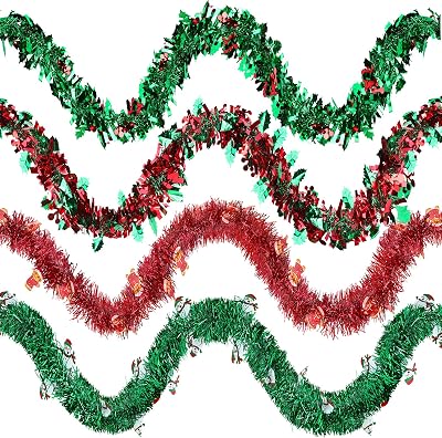 Jexine 8 Pcs 52.5ft Christmas Tinsel Garland Metallic Streamers Green Red Xmas Tree Ribbon Garlands Tinsel Twist Garland for Indoor Holiday Party Decoration Gingerbread Man, Snowman, Berries