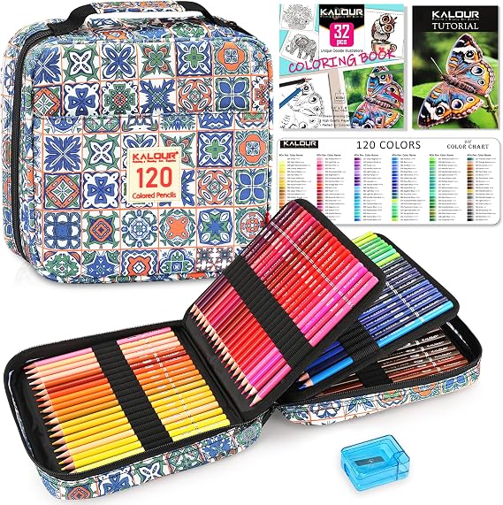 KALOUR PDAS 126 Coloured Pencils Set, 120 Colour Pencils for Adults Beginners Colouring, Premium Soft Core, Colouring Book, Quality Zipper Bag, Drawing Art Supplies Gift for Birthday