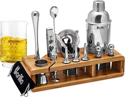 Elite 23-Piece Bartender Kit Cocktail Shaker Set Bundle With 20 Oz Crystal Cocktail Mixing Glass | Stainless Steel Bar Tools With Sleek Bamboo Stand & Seamless Mixing Pitcher for Stirred Cocktail