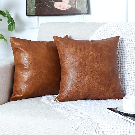 PANOD Pack of 2 Premium Faux Leather Throw Pillow Covers, Modern Luxury Decorative Square Throw Pillow Case Cushion Cases for Farmhouse Sofa Couch Bed Car Outdoor,16x16 inch Brown
